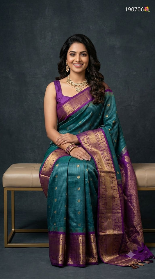 Premium Gadwal Semi Silk Saree in Peacock Blue with Fine Stripes, Gold Zari Buttas & Contrast Purple Border