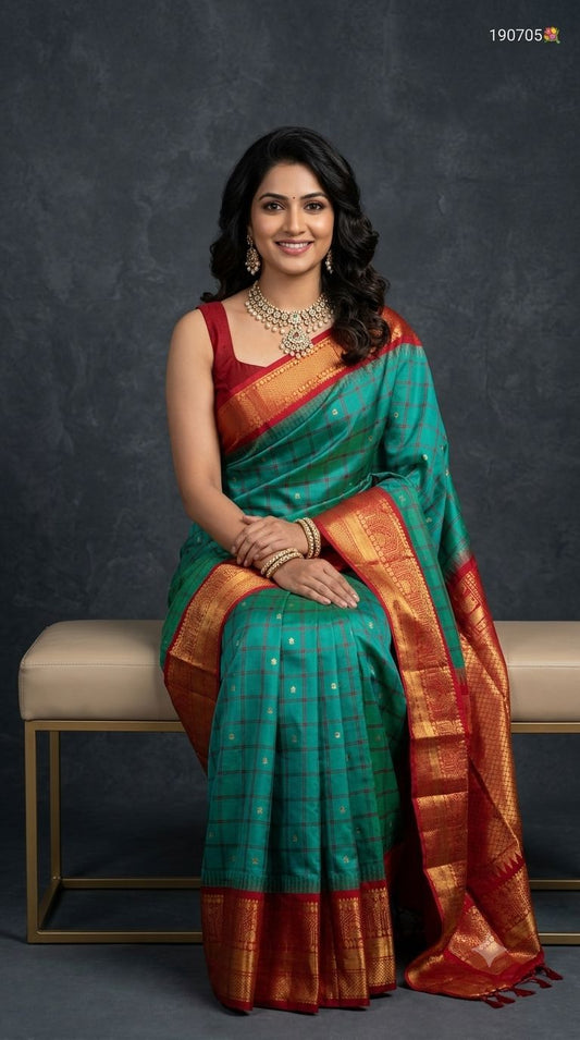 Premium Gadwal Semi Silk Saree in Sea Green with Micro-Checks, Gold Zari Buttas & Contrast Crimson Red Border