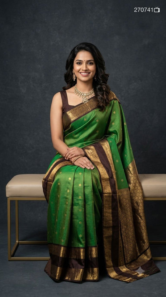 Premium Gadwal Semi Silk Saree in Green with Stripes Pattern, Gold Zari Buttas & Contrast Dark Brown Border
