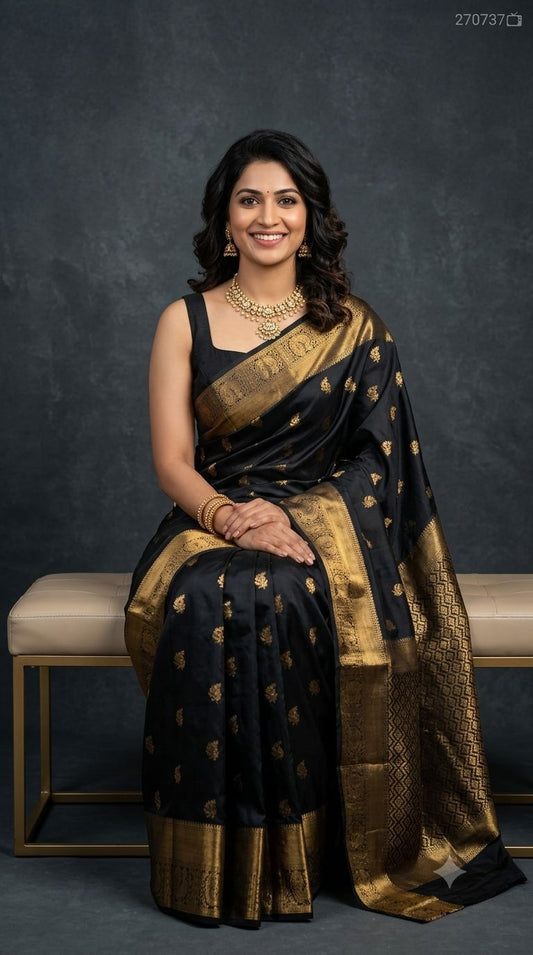 Premium Gadwal Semi Silk Saree in Jet Black with Gold Zari Floral Buttas & Geometric Brocade Border