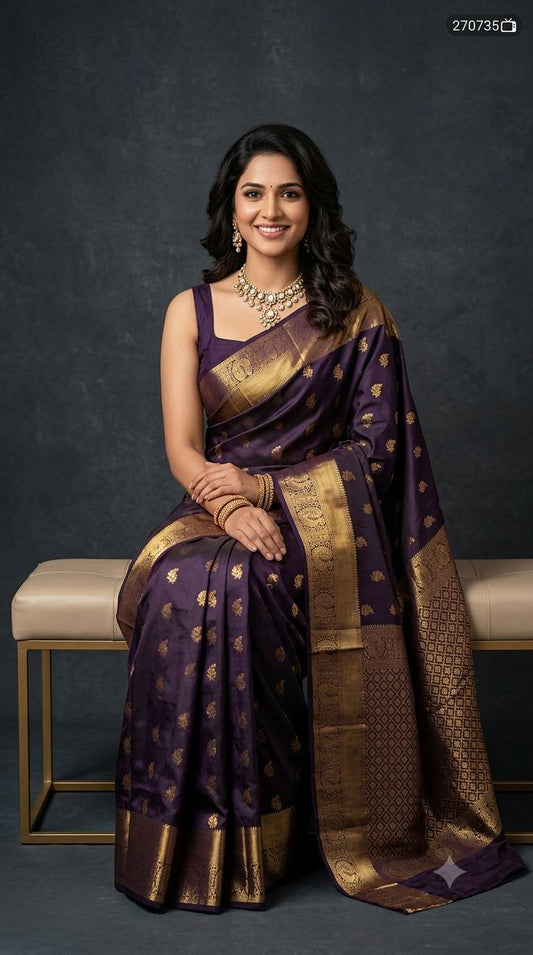 Premium Gadwal Semi Silk Saree in Royal Deep Purple with Gold Zari Floral Buttas & Geometric Brocade Border