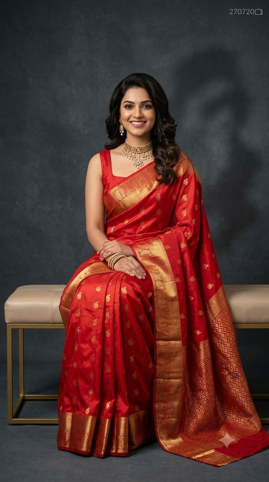 Premium Gadwal Semi Silk Saree in Bright Red with Gold Zari Floral Buttas & Geometric Brocade Border