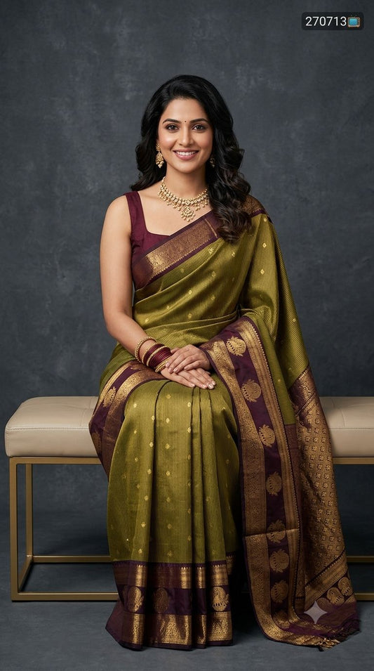 Premium Gadwal Semi Silk Saree in Olive Green with Fine Stripes, Gold Zari Buttas & Contrast Wine Purple Border