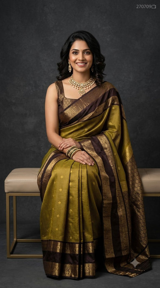Premium Gadwal Semi Silk Saree in Olive Gold with Fine Stripes, Gold Zari Buttas & Contrast Dark Brown Border