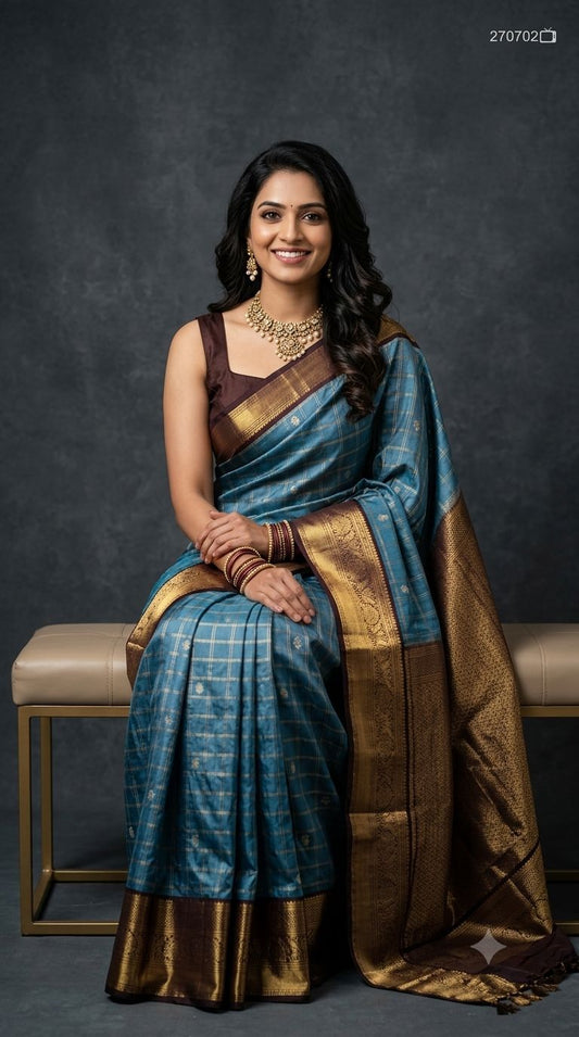 Premium Gadwal Semi Silk Saree in Steel Blue with Checks Pattern, Gold Zari Buttas & Contrast Deep Brown Border