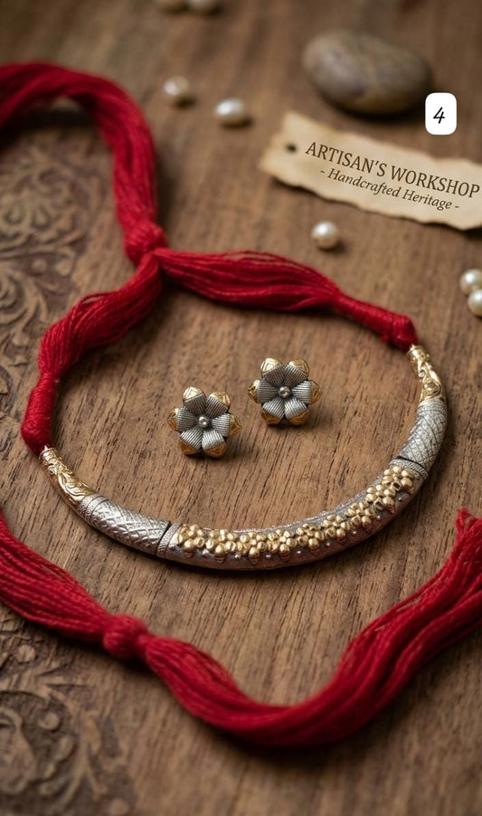 Beautiful Dual Tone Hasali Necklace Set  with Matching Flower Earrings