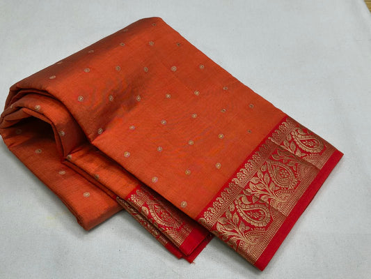 Semi Tussar Silk Saree with Vibrant Orange Zari Booti Work & Contrast Red Floral Border