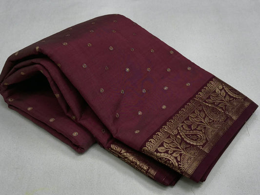 Semi Tussar Silk Saree Dark Maroon with Gold Zari Bootis & Floral Paisley Border