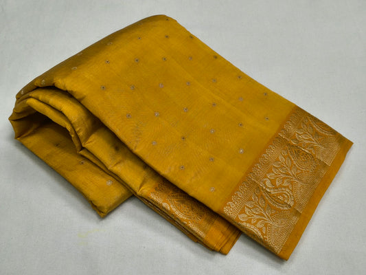 Semi Tussar Silk Saree with Mustard Yellow Zari Booti Work & Floral Border