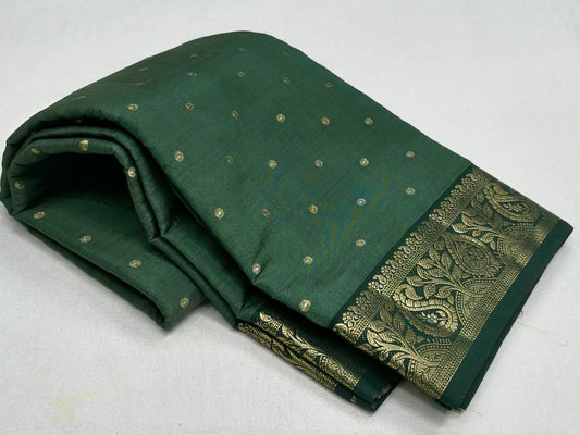 Forest Green Semi Tussar Silk Saree with Gold Zari Booti Work & Woven Paisley Border