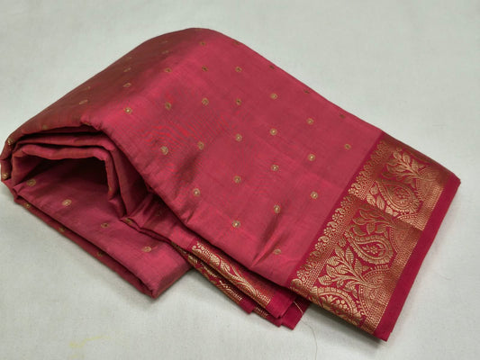 Semi Tussar Silk Saree Rani Pink with Gold Zari Booti Work & Woven Paisley Border