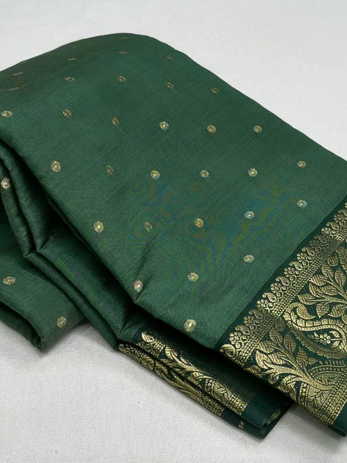 Forest Green Semi Tussar Silk Saree with Gold Zari Booti Work & Woven Paisley Border