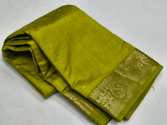 Olive Green Semi Tussar Silk Saree with Gold Zari Booti Work & Woven Paisley Border