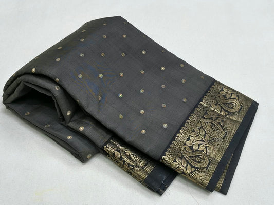 Charcoal Black Semi Tussar Silk Saree with Antique Gold Zari Bootis & Paisley Border