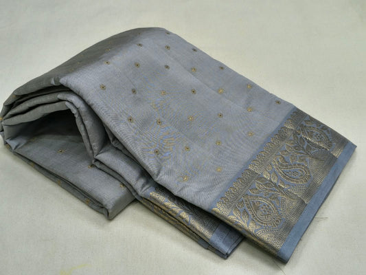 Steel Grey Semi Tussar Silk Saree with Soft Gold Zari Bootis & Paisley Border