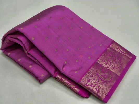 Bright Magenta Purple Semi Tussar Silk Saree with Gold Zari Booti Work & Woven Paisley Border