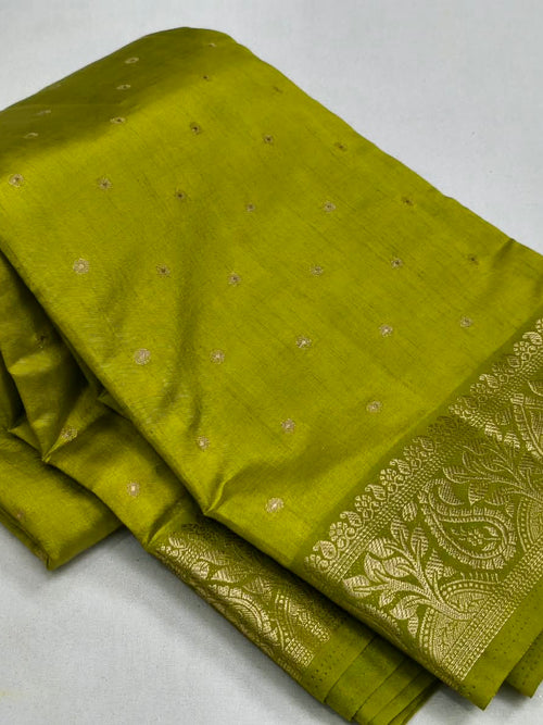 Olive Green Semi Tussar Silk Saree with Gold Zari Booti Work & Woven Paisley Border