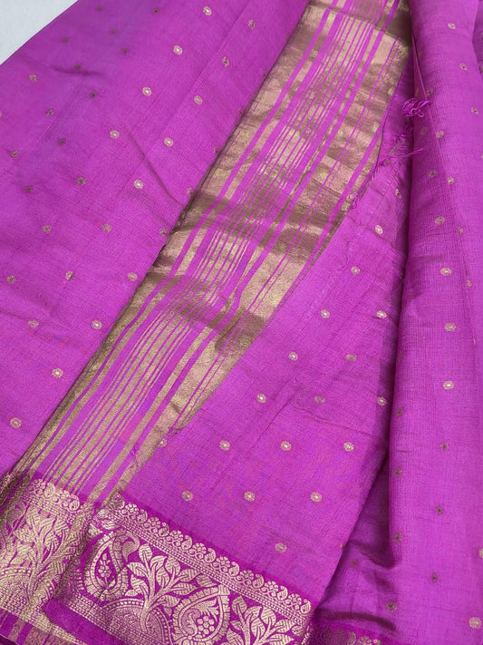Bright Magenta Purple Semi Tussar Silk Saree with Gold Zari Booti Work & Woven Paisley Border