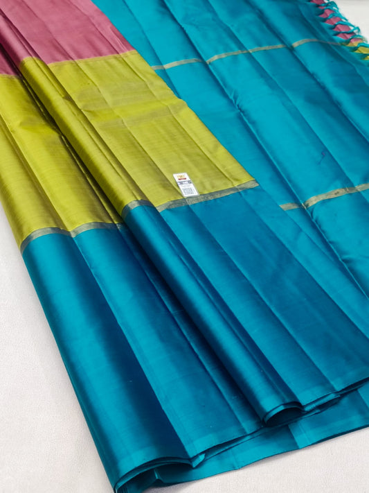 Tricolour Kanchipuram Pure Silk Saree in Turquoise Blue, Lime Green & Pink with Masterfully Hand-Woven