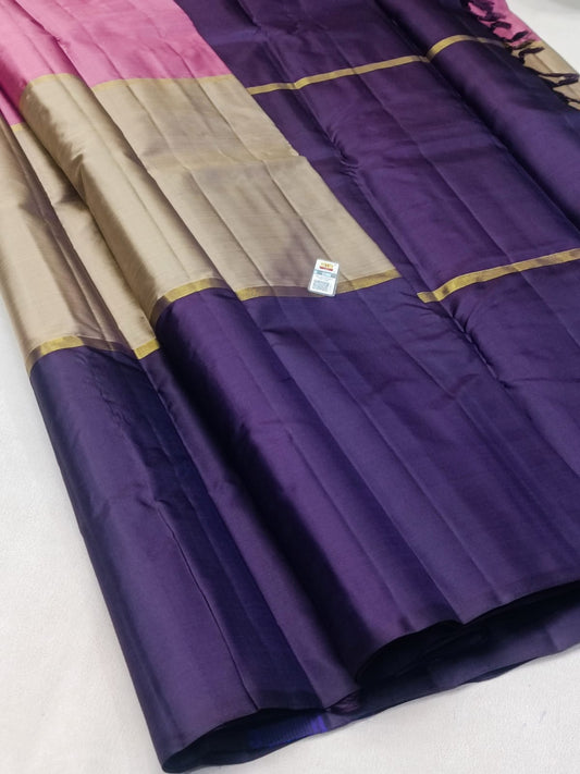 Tricolour Kanchipuram Pure Silk Saree in Deep Purple, Cream & Rose Pink with Masterfully Hand-Woven