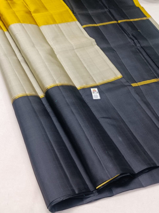 Tricolour Kanchipuram Pure Silk Saree in Charcoal Black, Cream & Mustard Yellow with Masterfully Hand-Woven