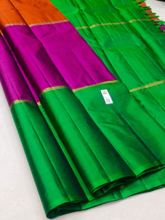 Tricolour Kanchipuram Pure Silk Saree in Bright Green, Bright Purple & Orange with Masterfully hand-woven
