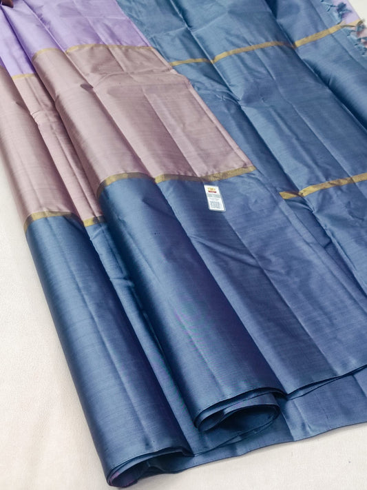 Tricolour Kanchipuram Pure Silk Saree in Dark Grey, Mauve & Pastel Lavender with Masterfully Hand-Woven