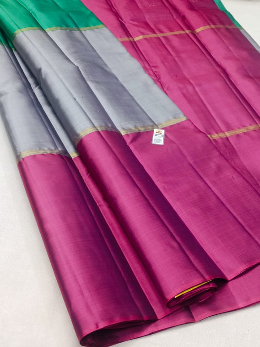 Tricolour Kanchipuram Pure Silk Saree in Magenta Pink, Silver Grey & Green with Masterfully Hand-Woven