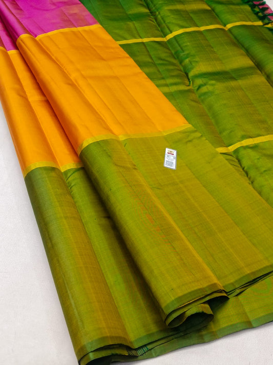 Tricolour Kanchipuram Pure Silk Saree in Olive Green, Bright Mango Yellow & Magenta Pink with Masterfully Hand-Woven