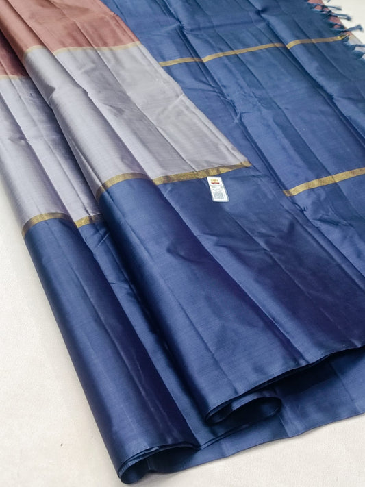 Tricolour Kanchipuram Pure Silk Saree in Blue, Silver Grey & Coffee Brown with Masterfully Hand-Woven