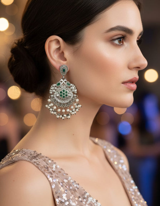 Elegant Pearl Earrings in Silver Look Alike with Monalisa Stone 