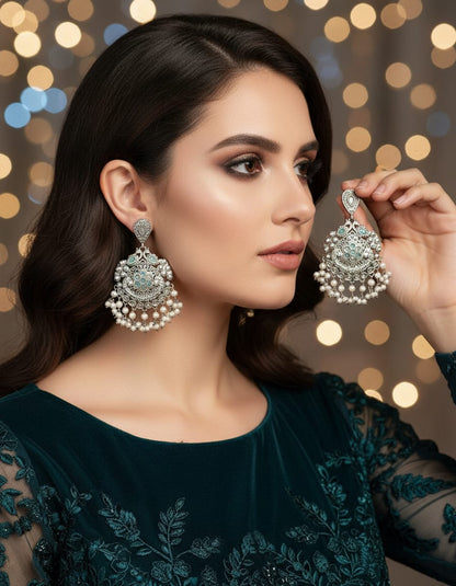 Elegant Pearl Earrings in Silver Look Alike with Monalisa Stone 