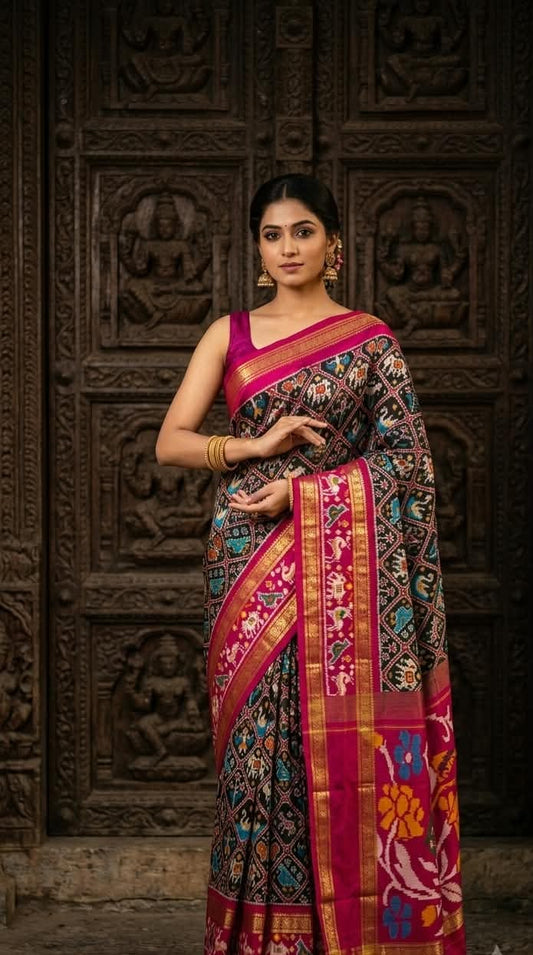 Exclusive Ikkat Silk Saree – Jet Black & Magenta Pink Patola-Style Madthas Designer Contrast Pallu