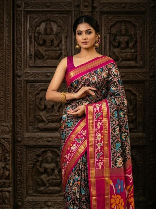 Exclusive Ikkat Silk Saree – Jet Black & Magenta Pink Patola-Style Madthas Designer Contrast Pallu