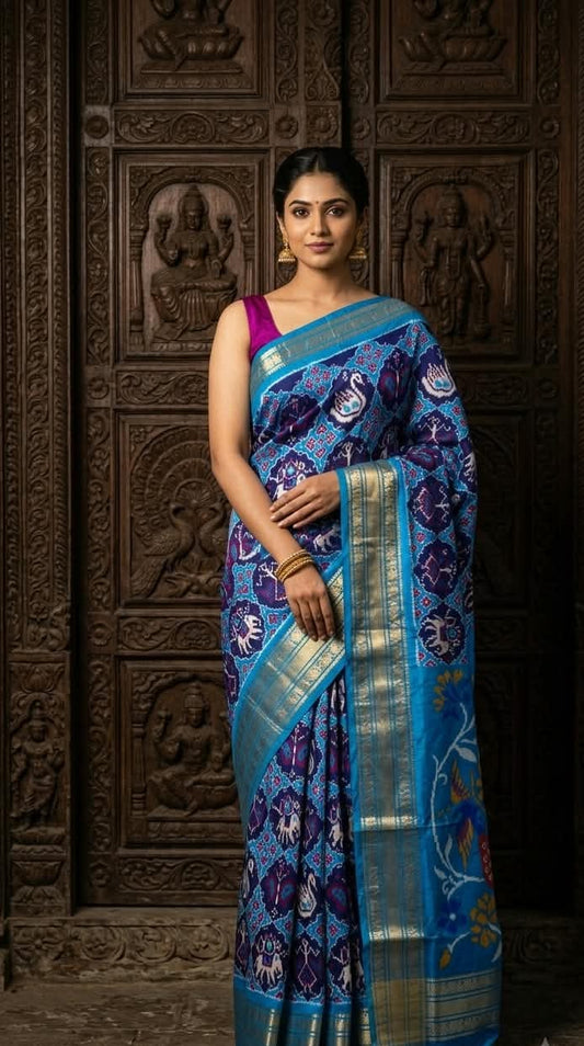 Exclusive Ikkat Silk Saree – Indigo Purple & Sky Blue Patola-Style Madthas Weave and Designer Pallu