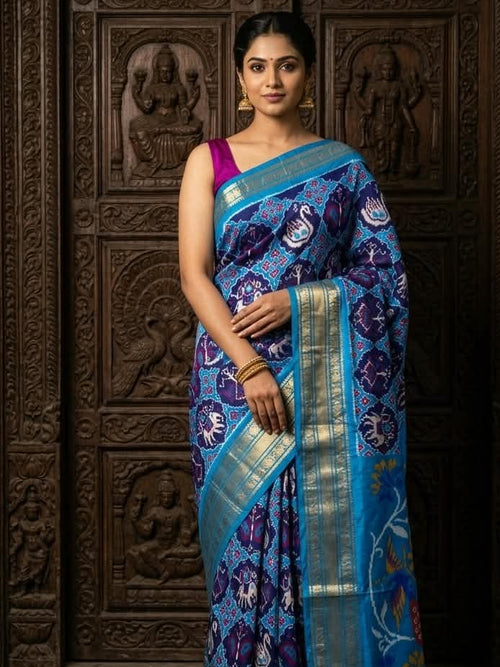 Exclusive Ikkat Silk Saree – Indigo Purple & Sky Blue Patola-Style Madthas Weave and Designer Pallu