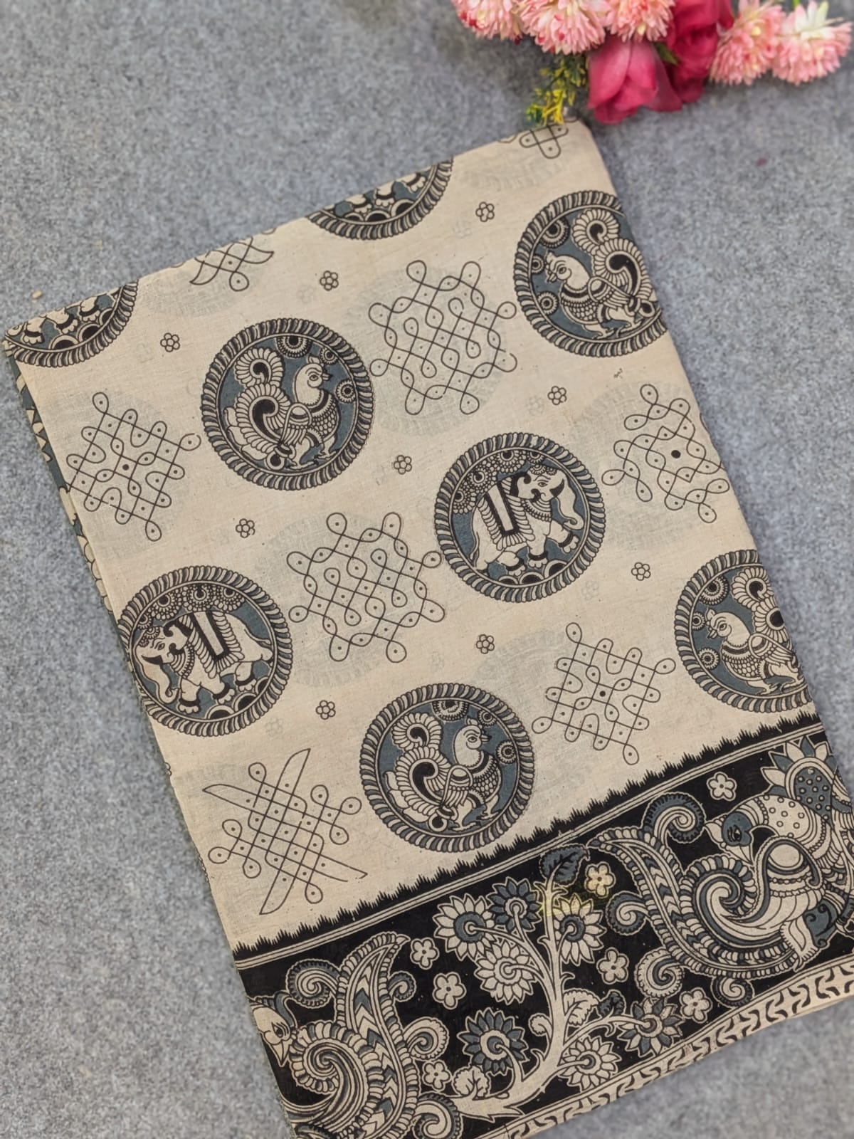 Off-White & Dark Grey Kalamkari Soft Cotton Saree with Elephant & Peacock Motifs Border