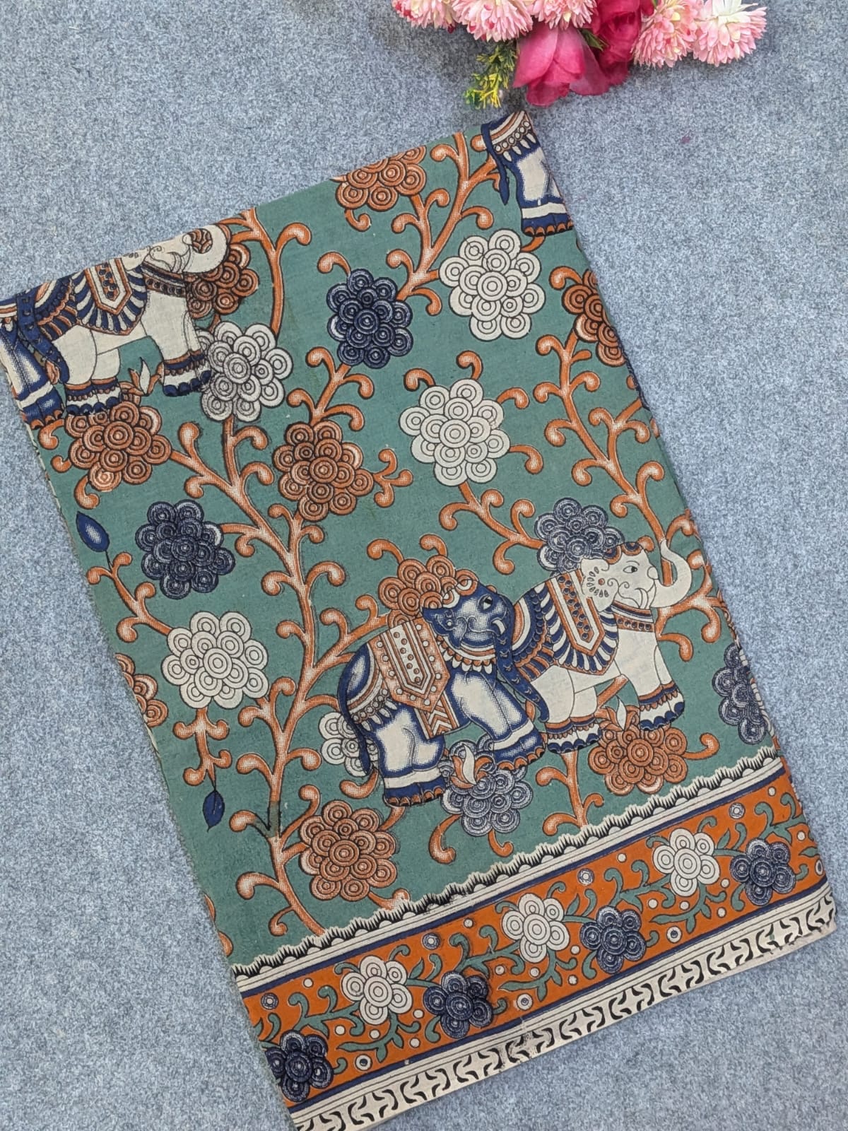 Sea Green & Orange Kalamkari Soft Cotton Saree with Royal Elephant Motifs Border