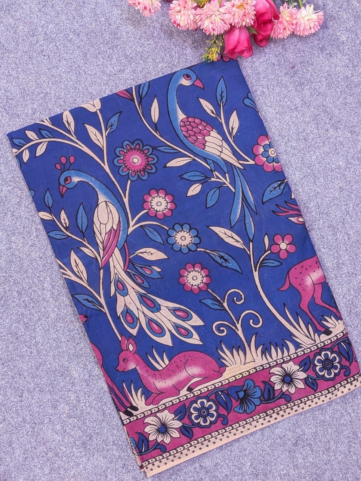 Royal Blue & Pink Kalamkari Soft Cotton Saree with Peacock & Deer Motifs Border