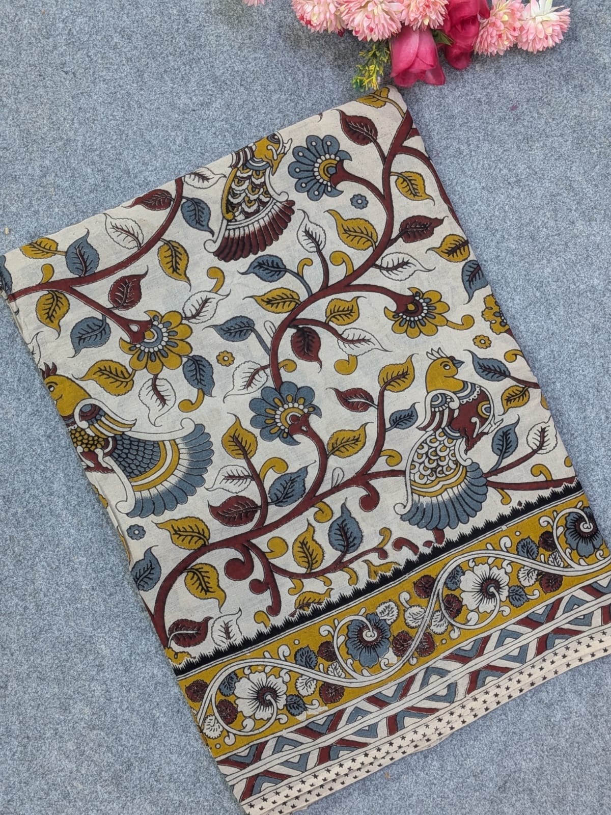 Off-White & Mustard Yellow Kalamkari Soft Cotton Saree with Peacock & Floral Maroon Motifs