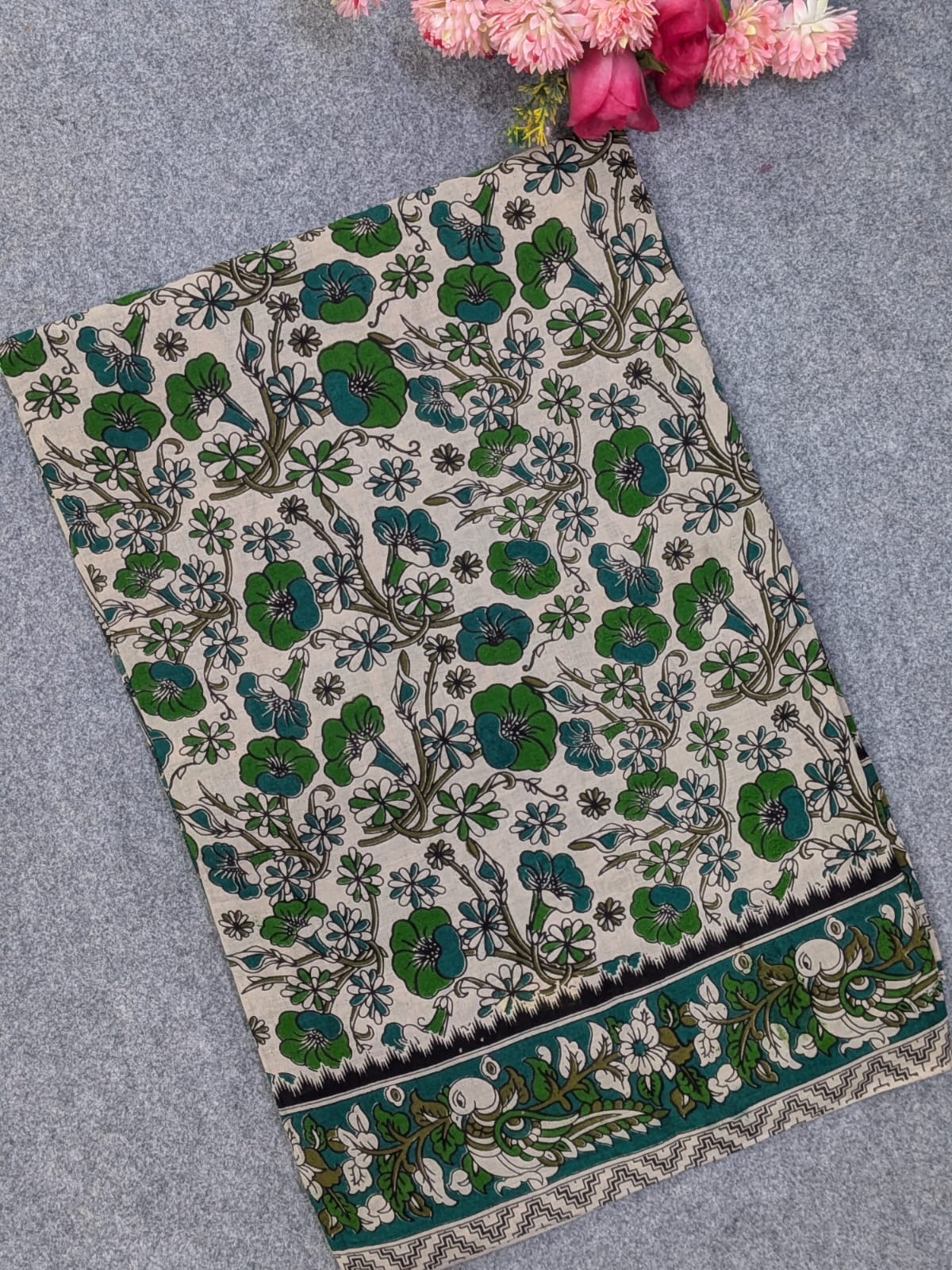 Off-White & Forest Green Kalamkari Soft Cotton Saree with Floral Vines & Peacock Motifs Border