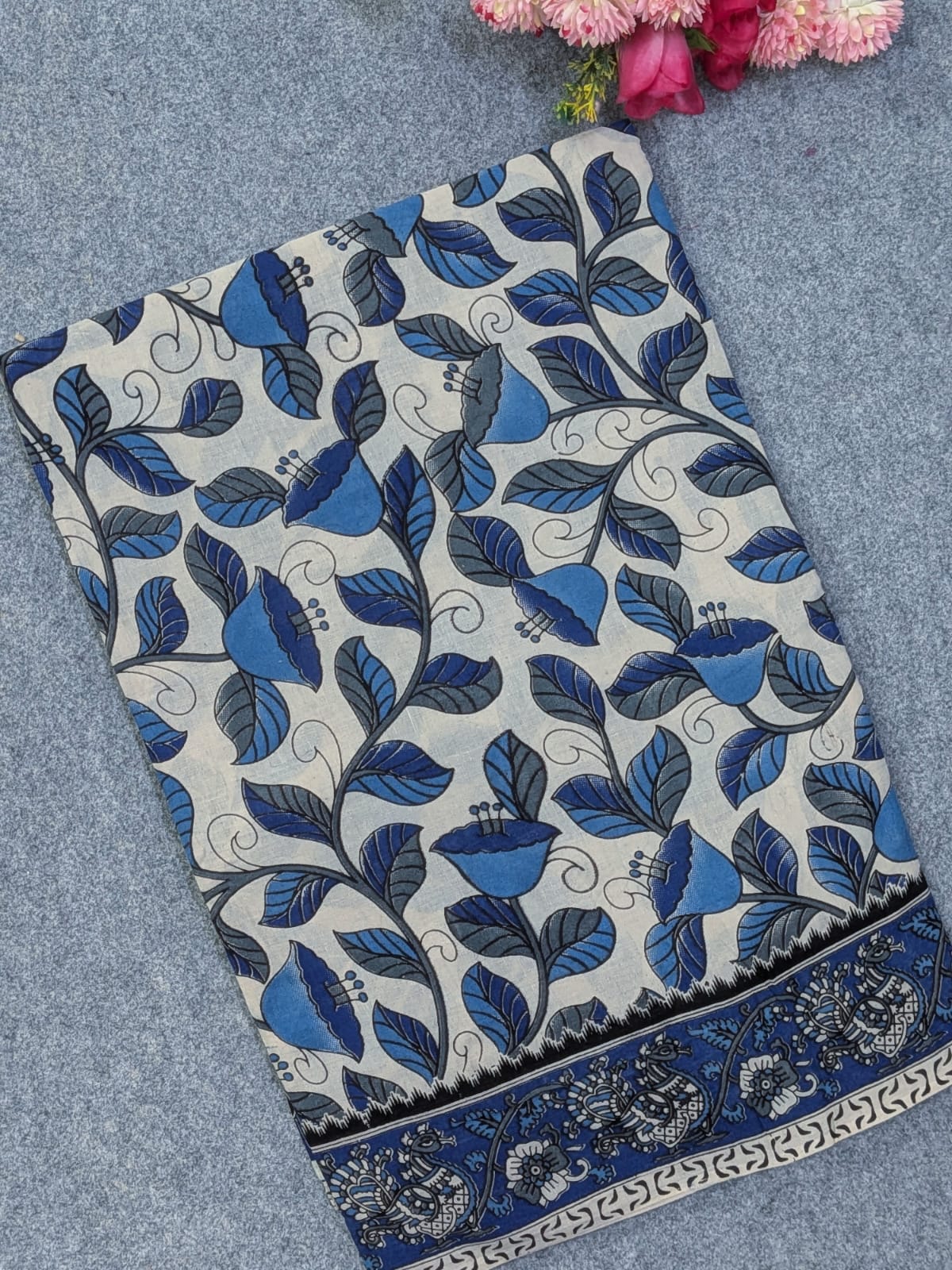 Off-White & Ocean Blue Kalamkari Soft Cotton Saree with Floral Vines & Peacock Border