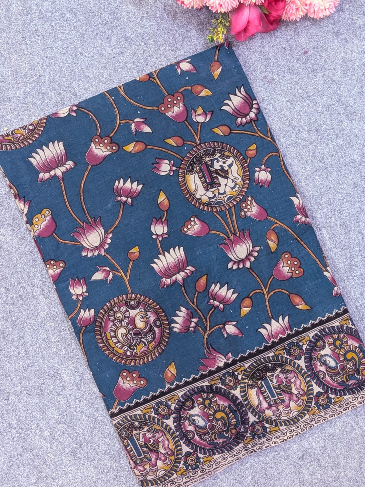 Teal Blue & Plum Kalamkari Soft Cotton Saree with Lotus Vines & Elephant-Peacock Motifs Border