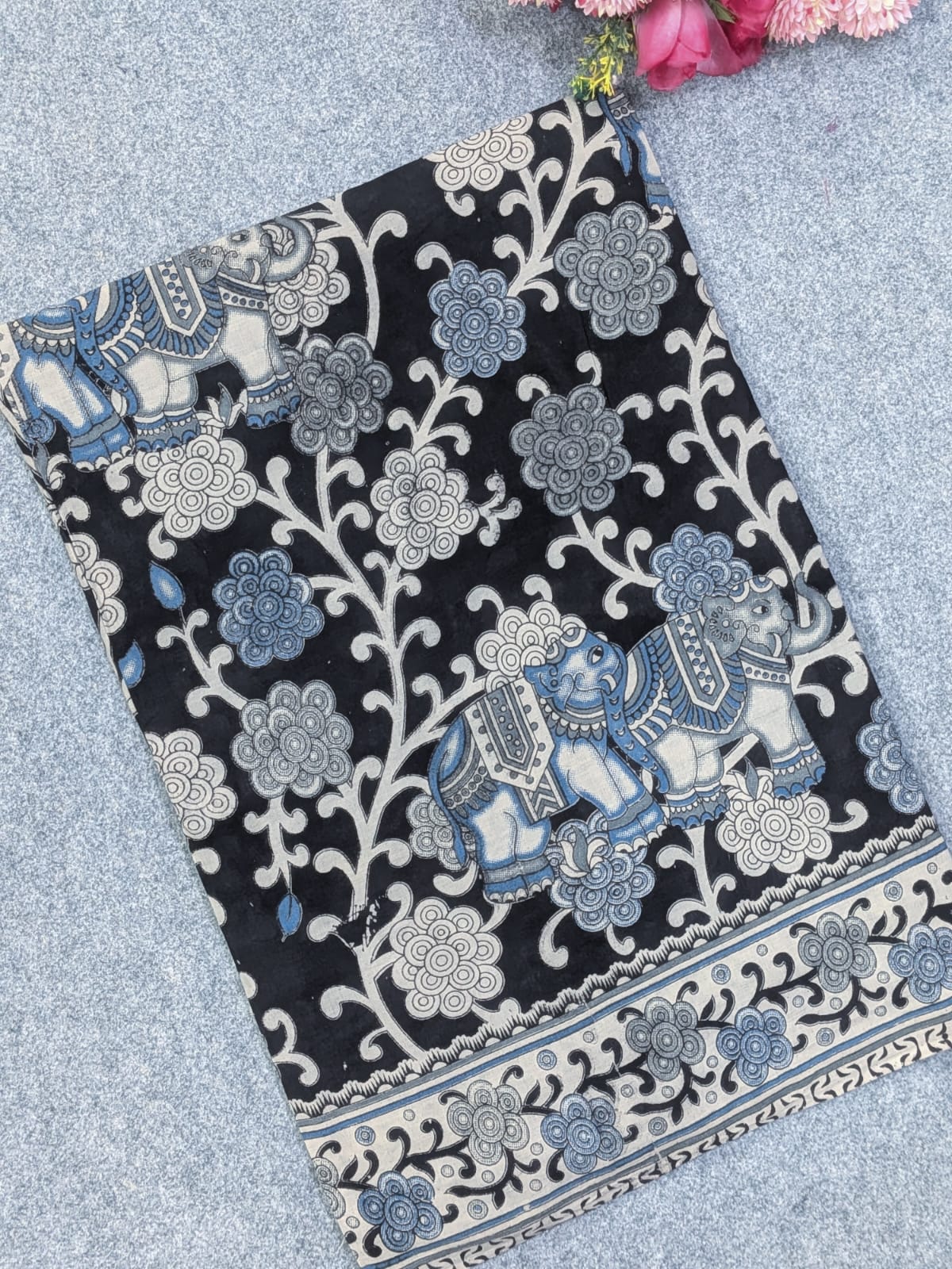 Black & Indigo Blue Kalamkari Soft Cotton Saree with Royal Elephant Motifs Border