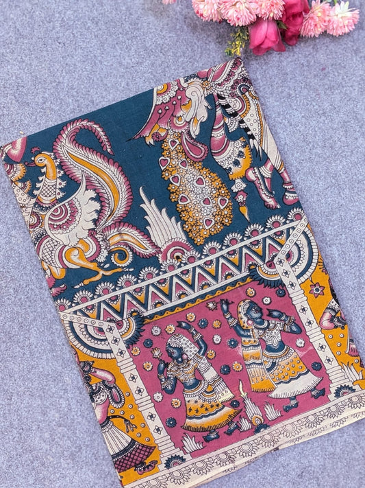 Teal Green & Rose Pink Kalamkari Soft Cotton Saree with Mythological Dancing Figure Motifs & Mayur Prints