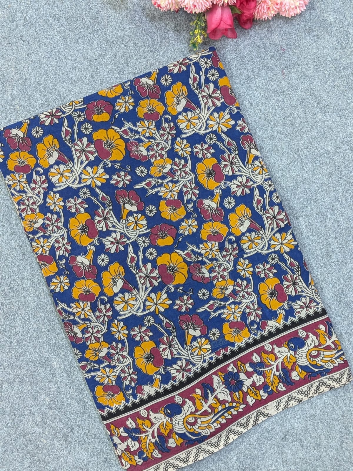 Indigo Blue and Yellow Kalamkari Soft Cotton Saree with Mustard Floral Jaal & Peacock Border