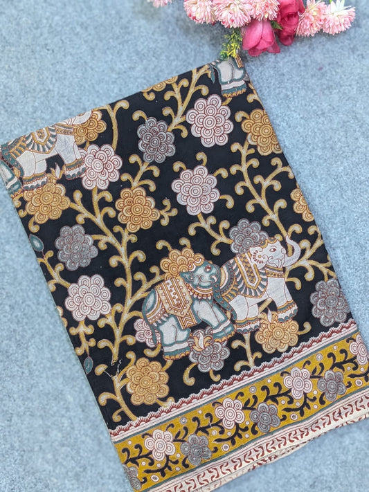 Black & Mustard Gold Kalamkari Soft Cotton Saree with Royal Elephant Motifs Border