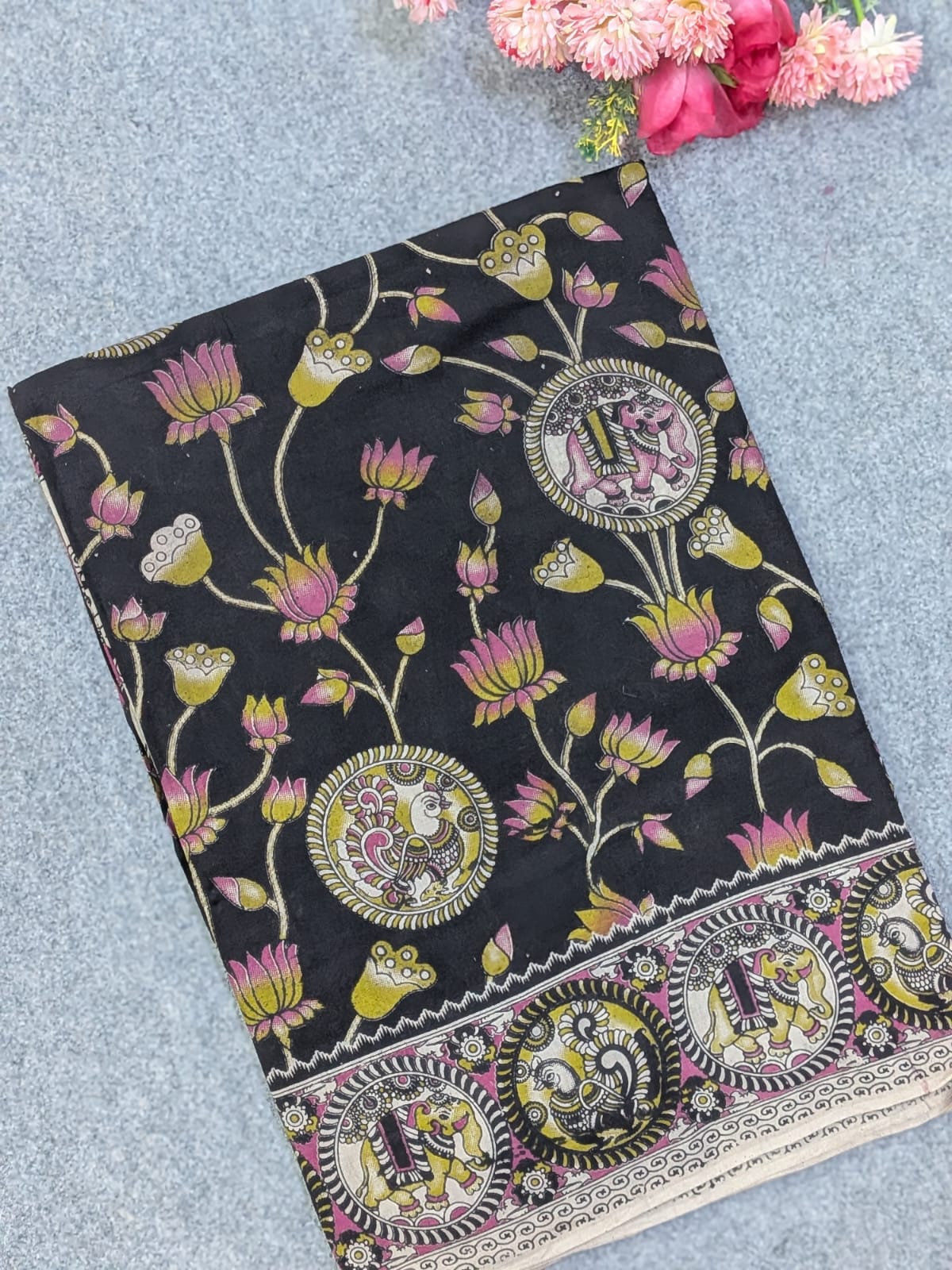 Black & Lotus Pink Kalamkari Soft Cotton Saree with Lotus Vines & Medallion Border