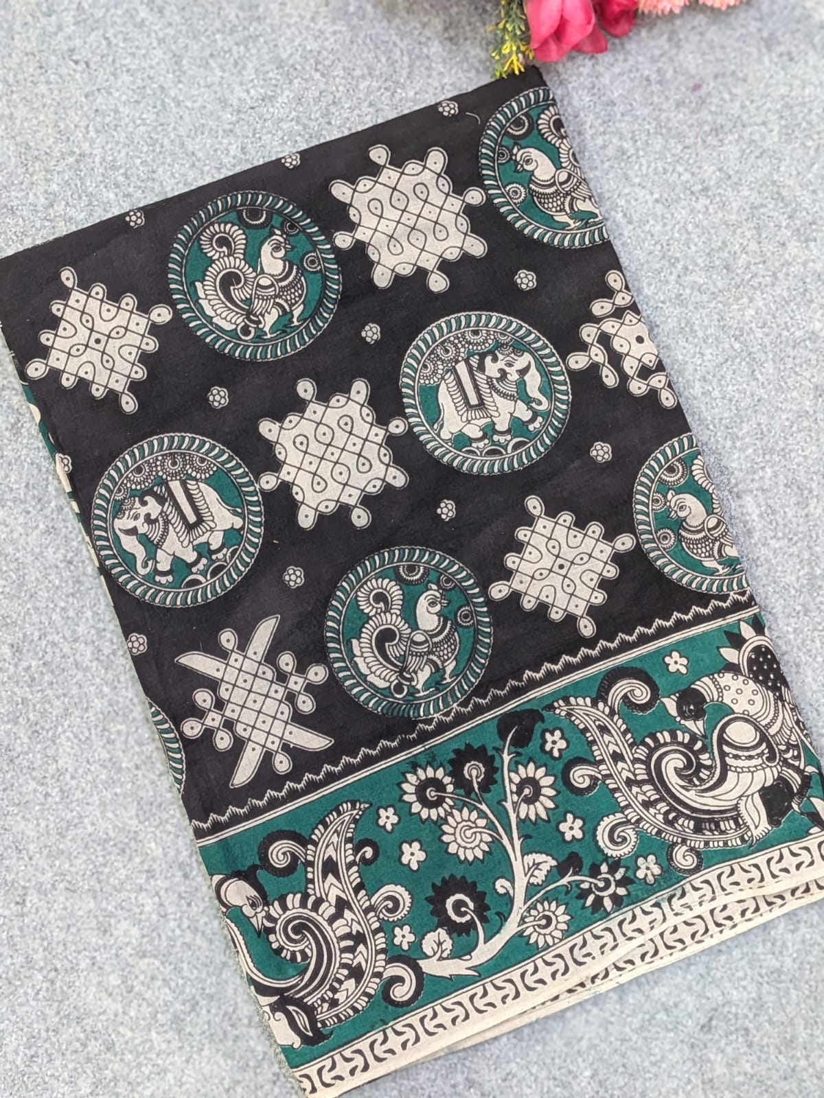Black & Forest Green Kalamkari Soft Cotton Saree with Kolam & Elephant-Peacock Motifs Border