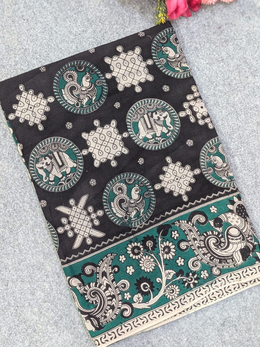 Black & Forest Green Kalamkari Soft Cotton Saree with Kolam & Elephant-Peacock Motifs Border